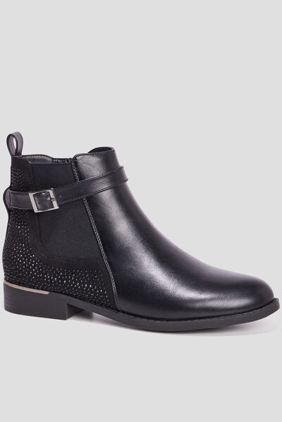Bottines plates avec strass et boucles noir femme
