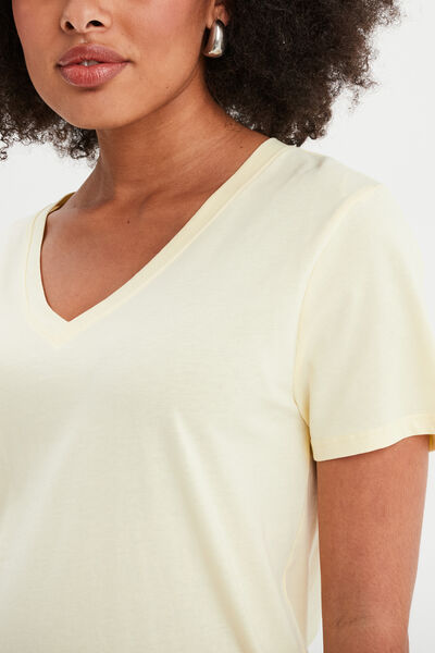 T-shirt manches courtes col en V coton jaune clair femme