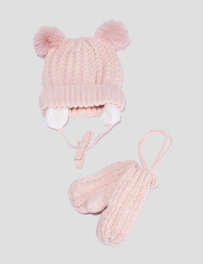 Ensemble bonnet et moufles rose bébé fille