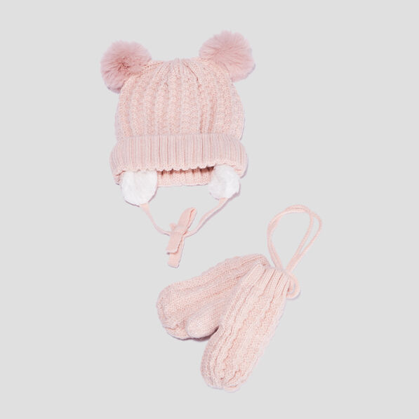 ensemble bonnet et moufles rose bebef Ensemble bonnet et moufles rose bébé fille