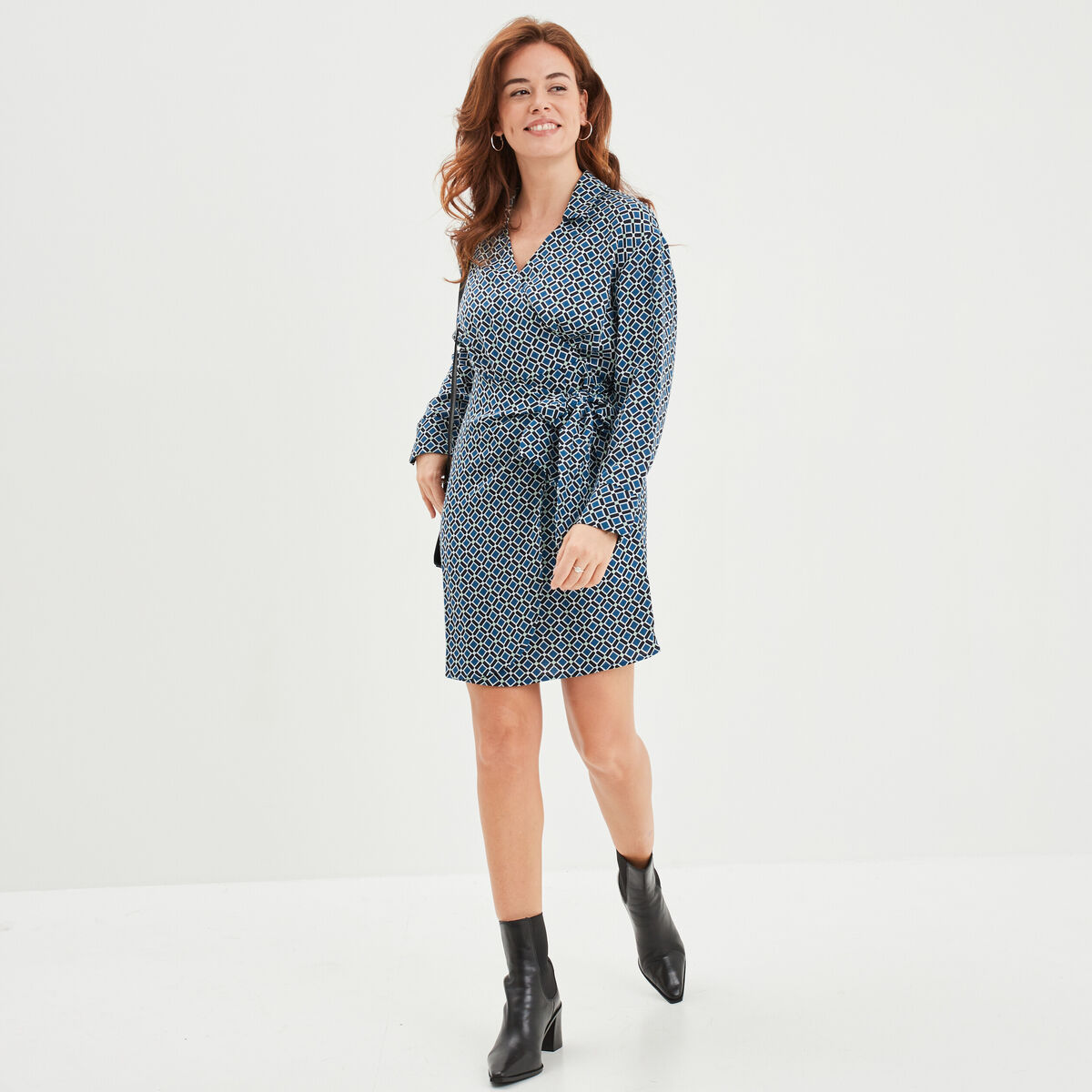 Robe col cache-coeur avec noeud bleu foncé femme