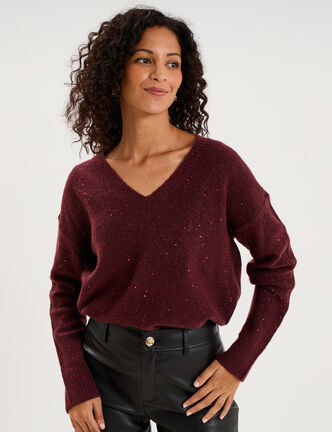 Pull droit &agrave; sequins et col en V prune femme