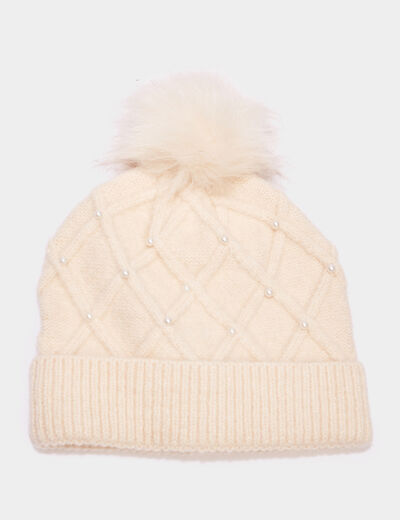 Bonnet perles pompon fausse fourrure ivoire femme