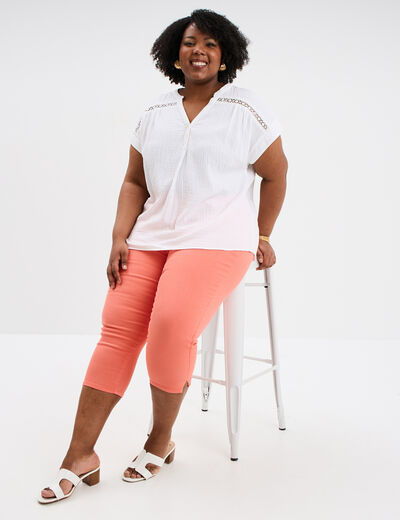 Blouse droite gaze de coton col tunisien blanc femme grande taille