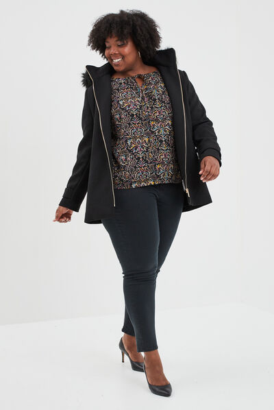 Manteau à capuche fourrure amovible noir femme grande taille