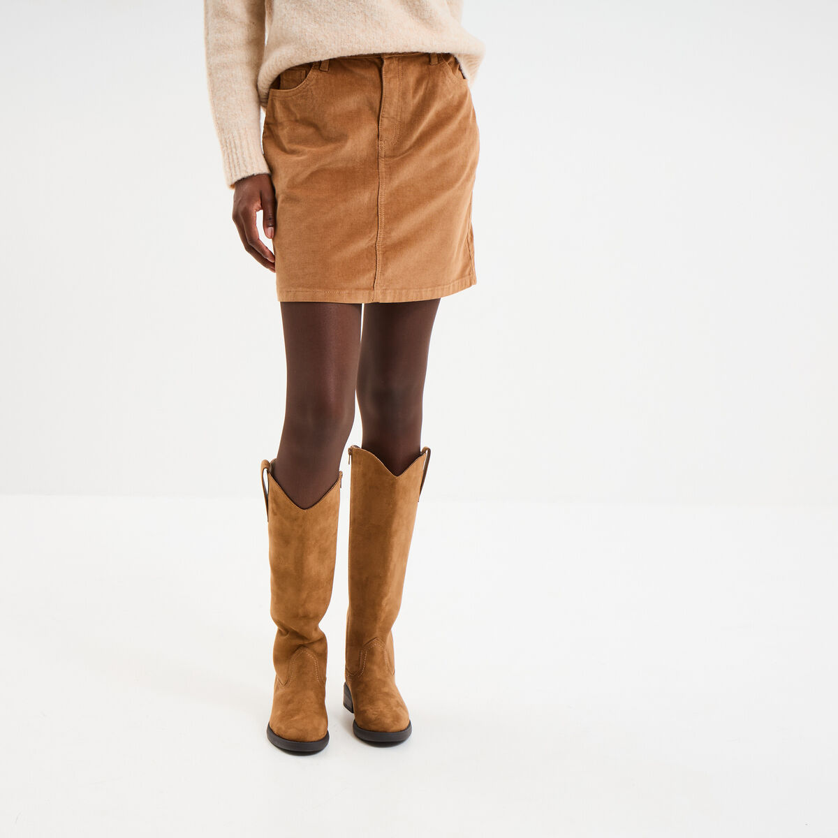 Jupe effet velours courte beige femme