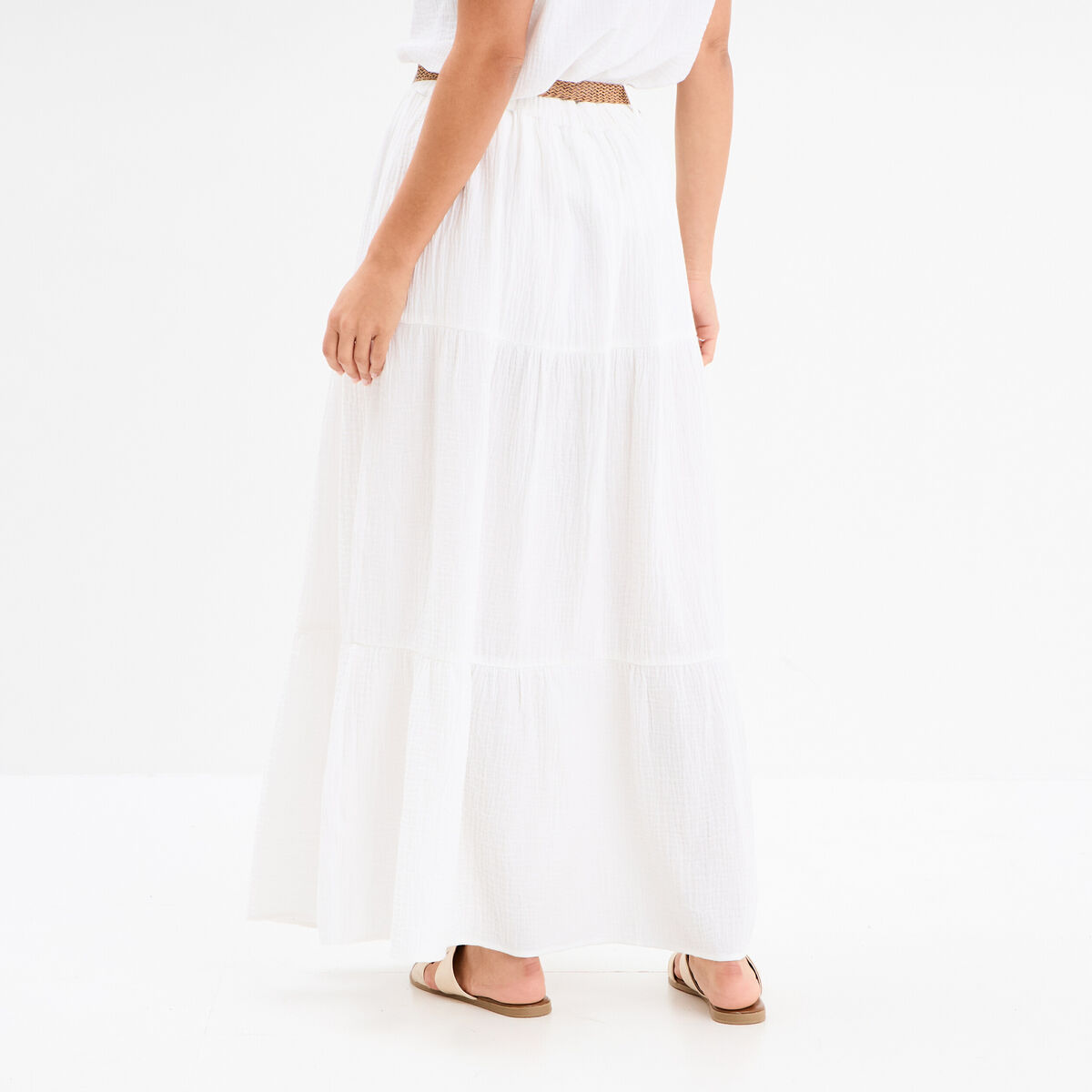 Jupe longue gaze de coton ceinturée blanc femme