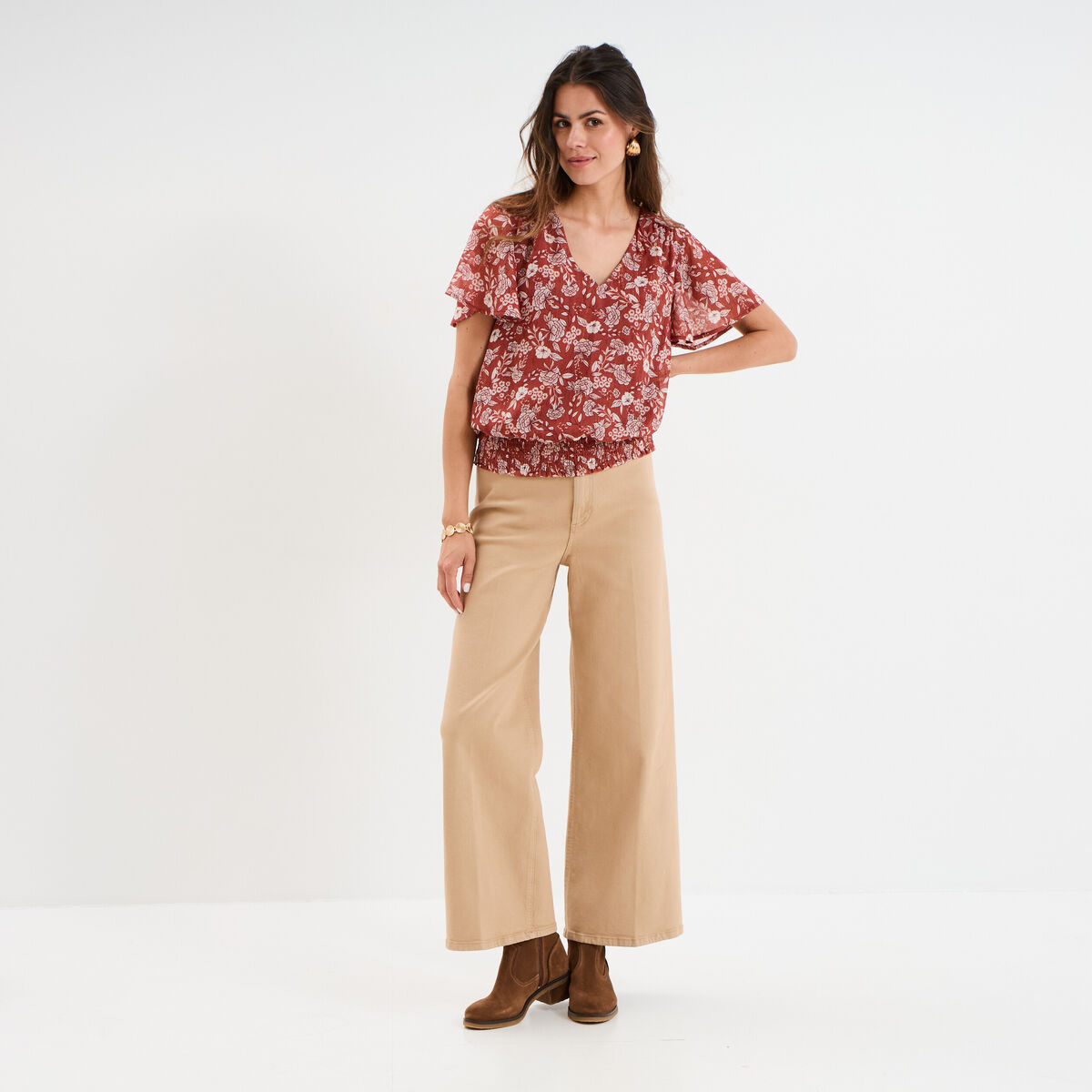 Blouse col en V taille élastiquée terracotta femme