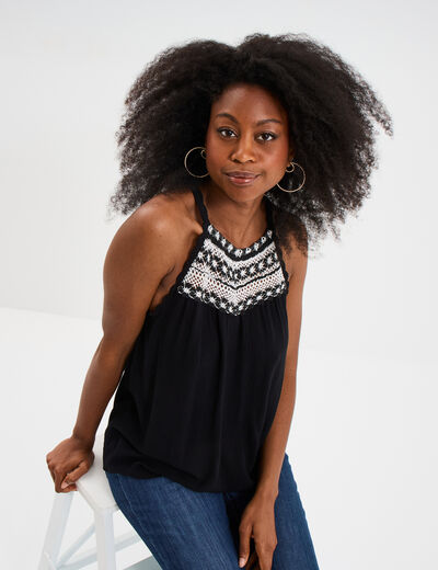 Blouse col effet macramé noir femme