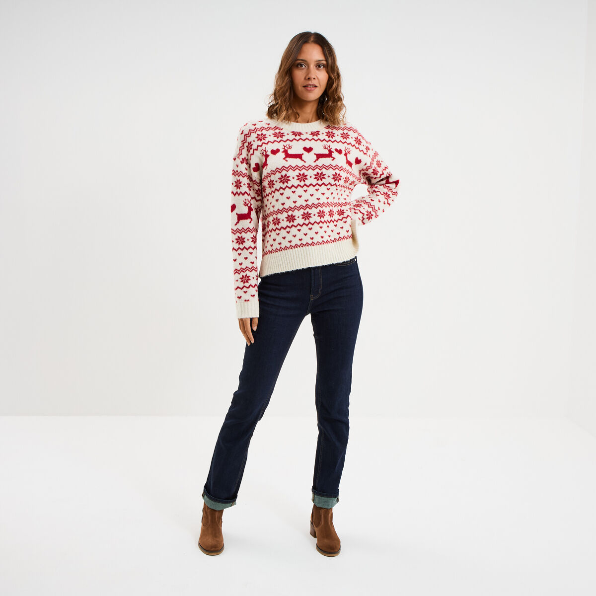Pull de No&euml;l manches longues ecru femme