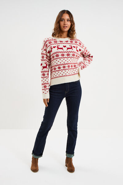 Pull de No&euml;l manches longues ecru femme