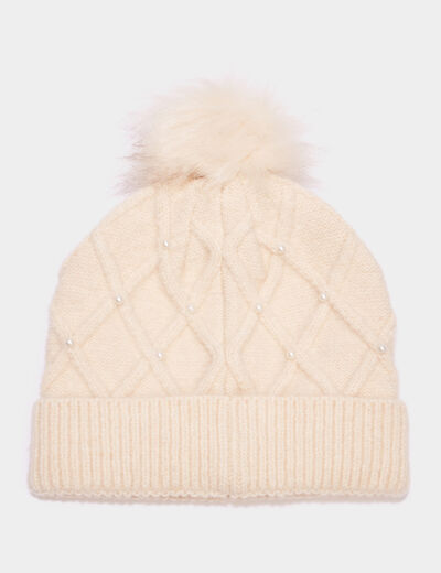 Bonnet perles pompon fausse fourrure ivoire femme
