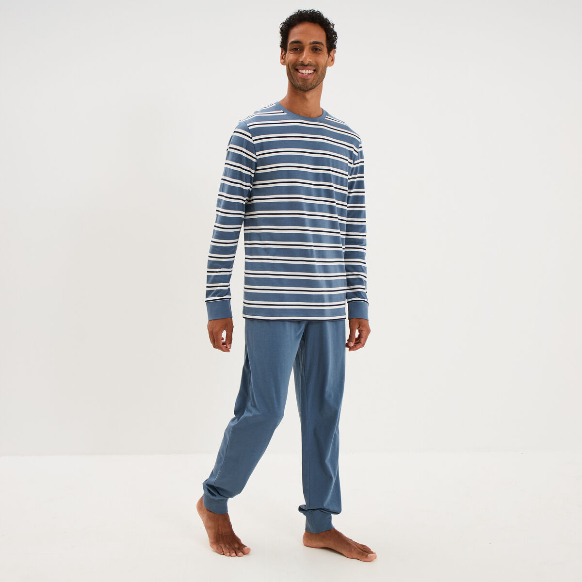 Ensemble pyjama pantalon t-shirt coton bleu fonc&eacute; homme