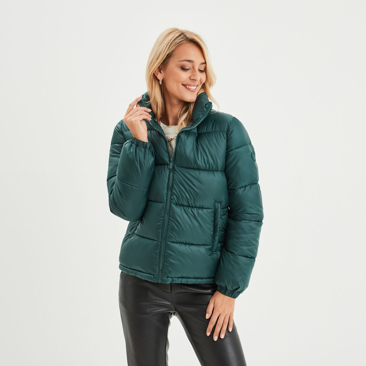 Doudoune col montant zippée bleu canard femme