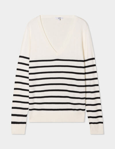 Pull col en V manches longues ecru femme