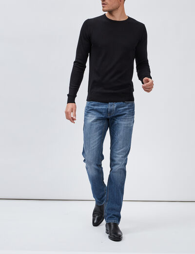 Pull droit col rond mélange coton noir homme