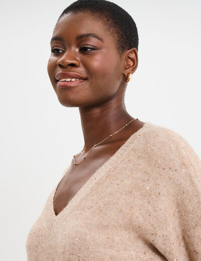 Pull col V &agrave; paillettes et sequins beige femme