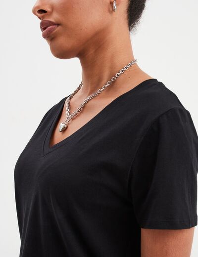 T-shirt manches courtes col en V coton noir femme