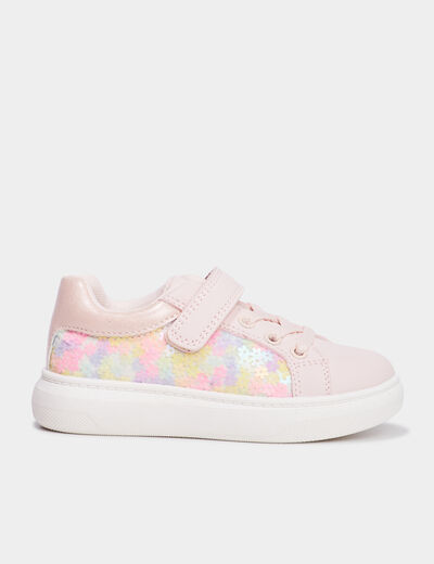 Tennis basses à scratchs et sequins rose fille