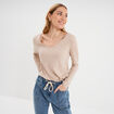T-shirt col en V manches longues coton beige femme