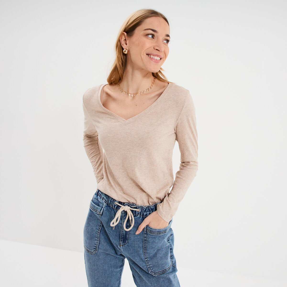 T-shirt col en V manches longues coton beige femme