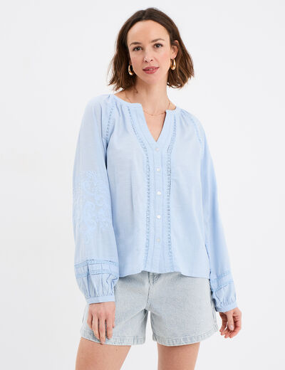 Blouse manches ballons brodées bleu ciel femme