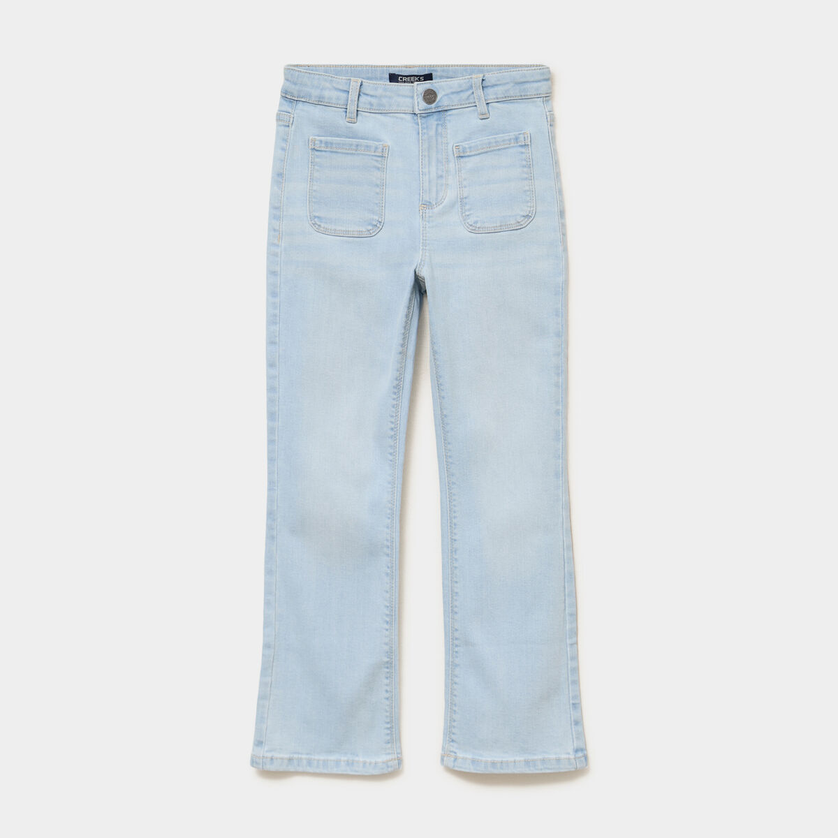 Jean flare poches plaqu&eacute;es denim bleach fille