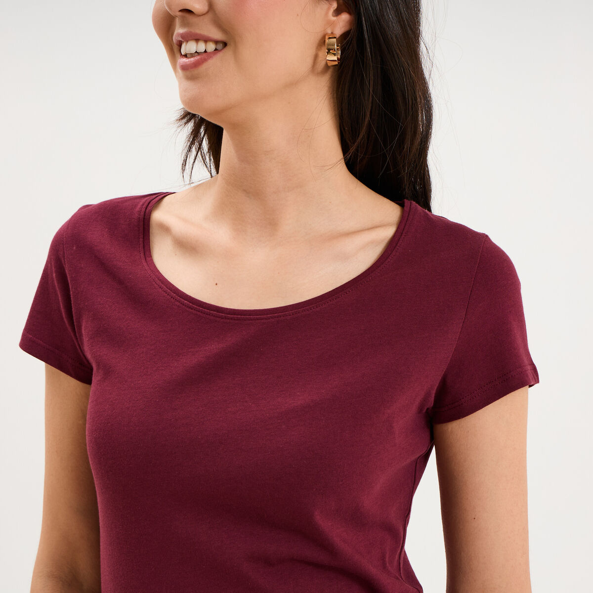 T-shirt coton col rond manches courtes bordeaux femme