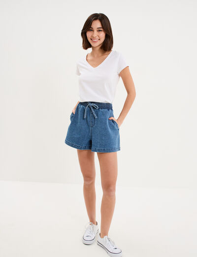 Short jogger en jean &eacute;lastiqu&eacute; denim stone femme