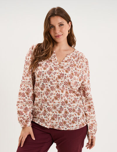 Blouse droite manches longues coton ecru femme grande taille