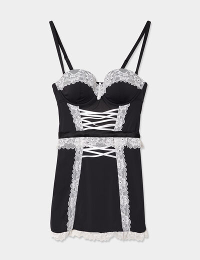 Nuisette effet satin et laçage noir femme
