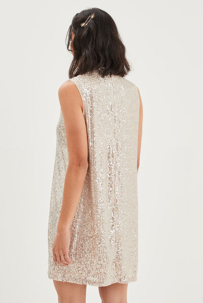Robe trapèze à sequins col montant couleur argent femme