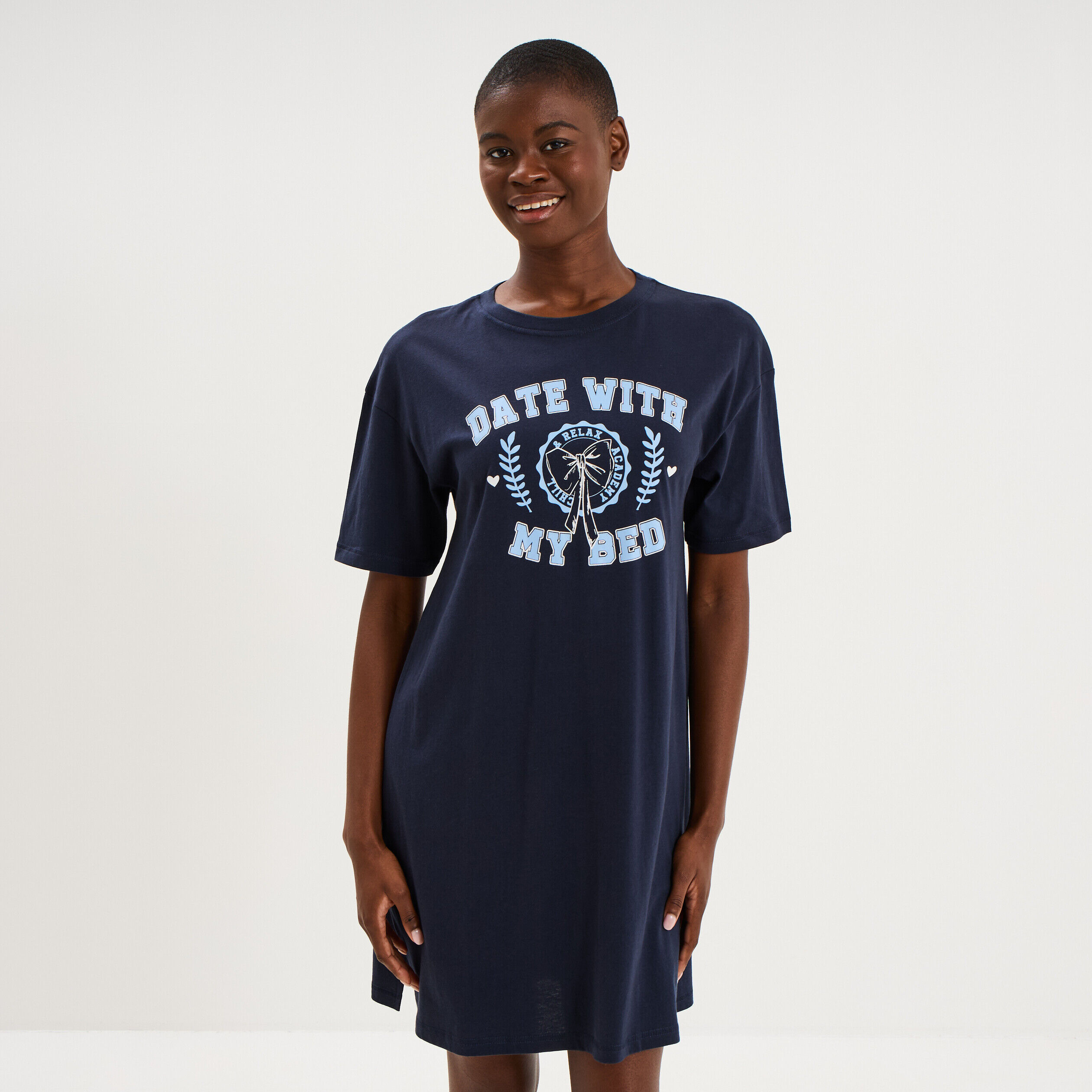 Chemise de nuit courte col rond coton bleu marine femme CREEKS