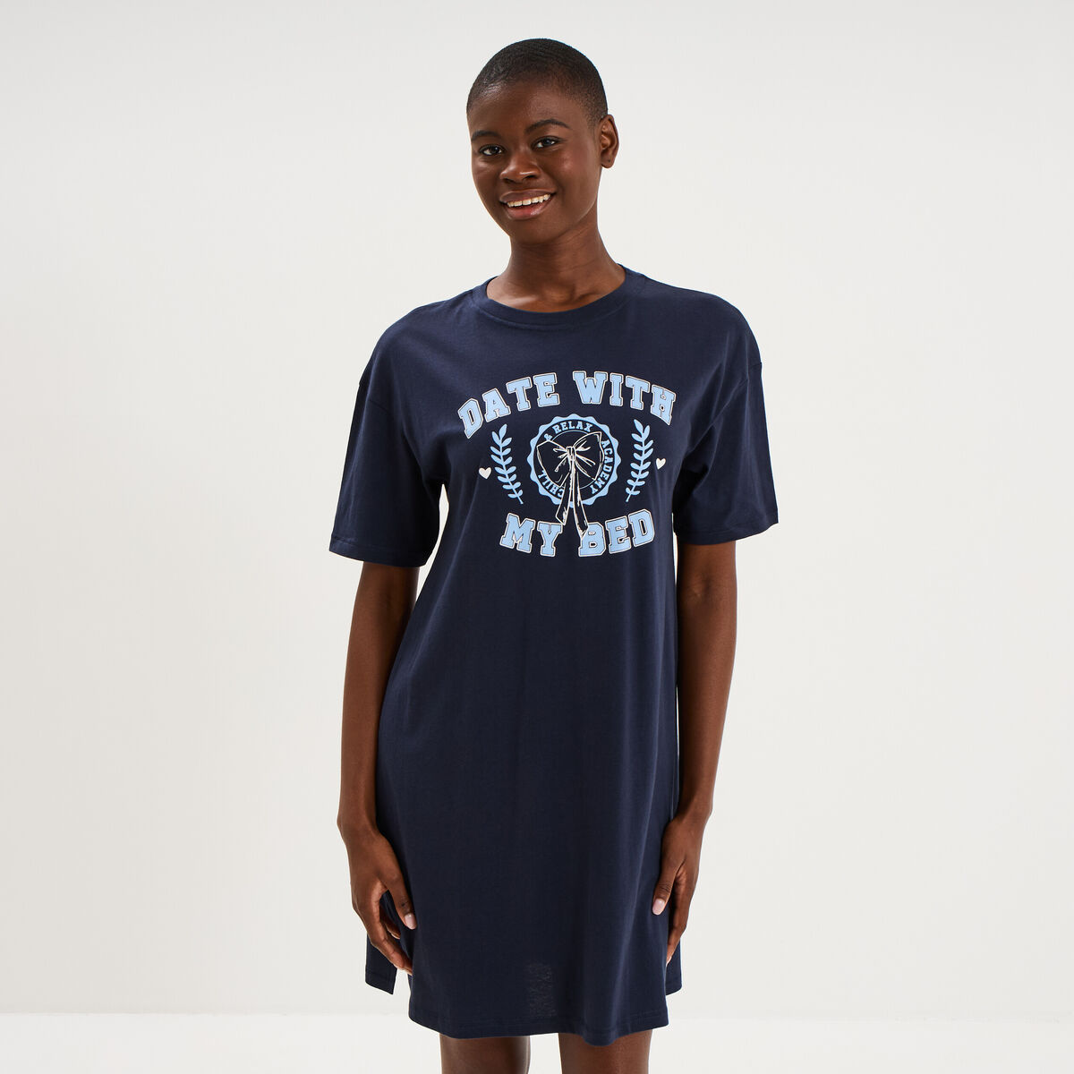 Chemise de nuit courte col rond coton bleu marine femme