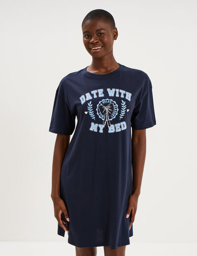 Chemise de nuit courte col rond coton bleu marine femme