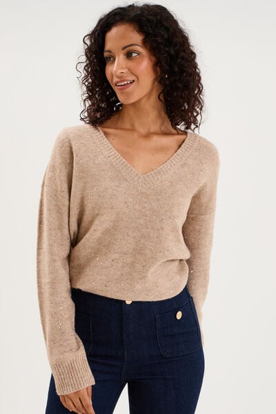 Pull droit &agrave; sequins et col en V beige femme