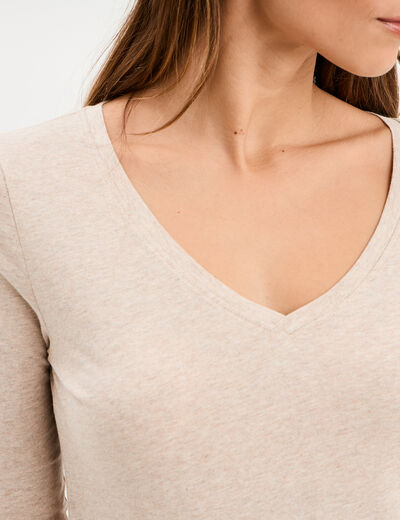 T-shirt col en V manches longues coton beige femme