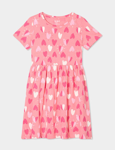 Robe manches courtes col rond coton rose fille