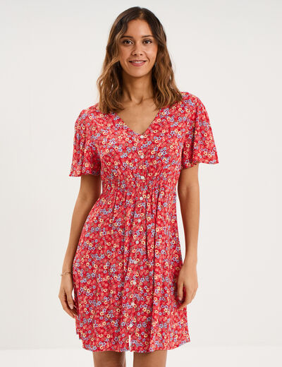 Robe fluide manches courtes col en V rouge coquelicot femme