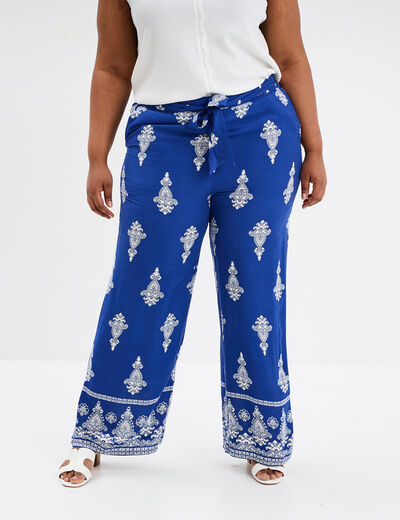 Pantalon large fluide taille noeud bleu electrique femme grande taille