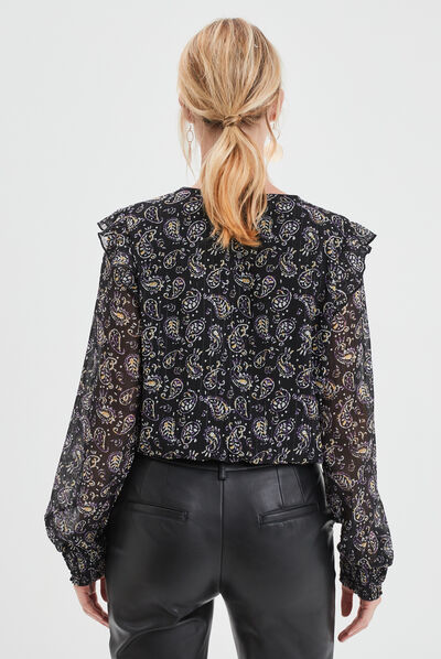 Blouse à volants bords smockés Liberto noir femme