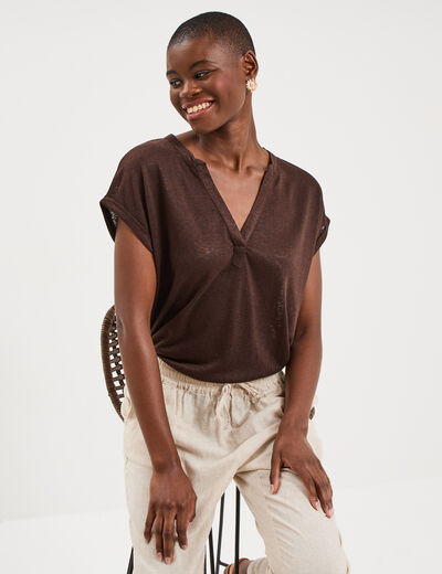 T-shirt col tunisien manches courtes marron fonc&eacute; femme