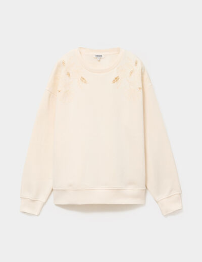 Sweat ajour&eacute; avec broderie col rond ecru femme