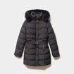 Doudoune mi-longue ceintur&eacute;e &agrave; capuche gris clair femme