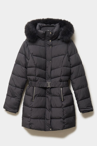 Doudoune mi-longue ceintur&eacute;e &agrave; capuche gris clair femme