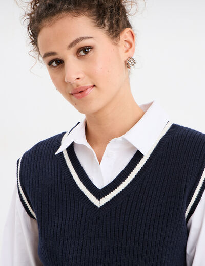 Pull sans manches col en V Creeks bleu marine femme