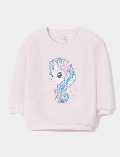 Sweat velours à sequins boutonné rose clair bébé fille