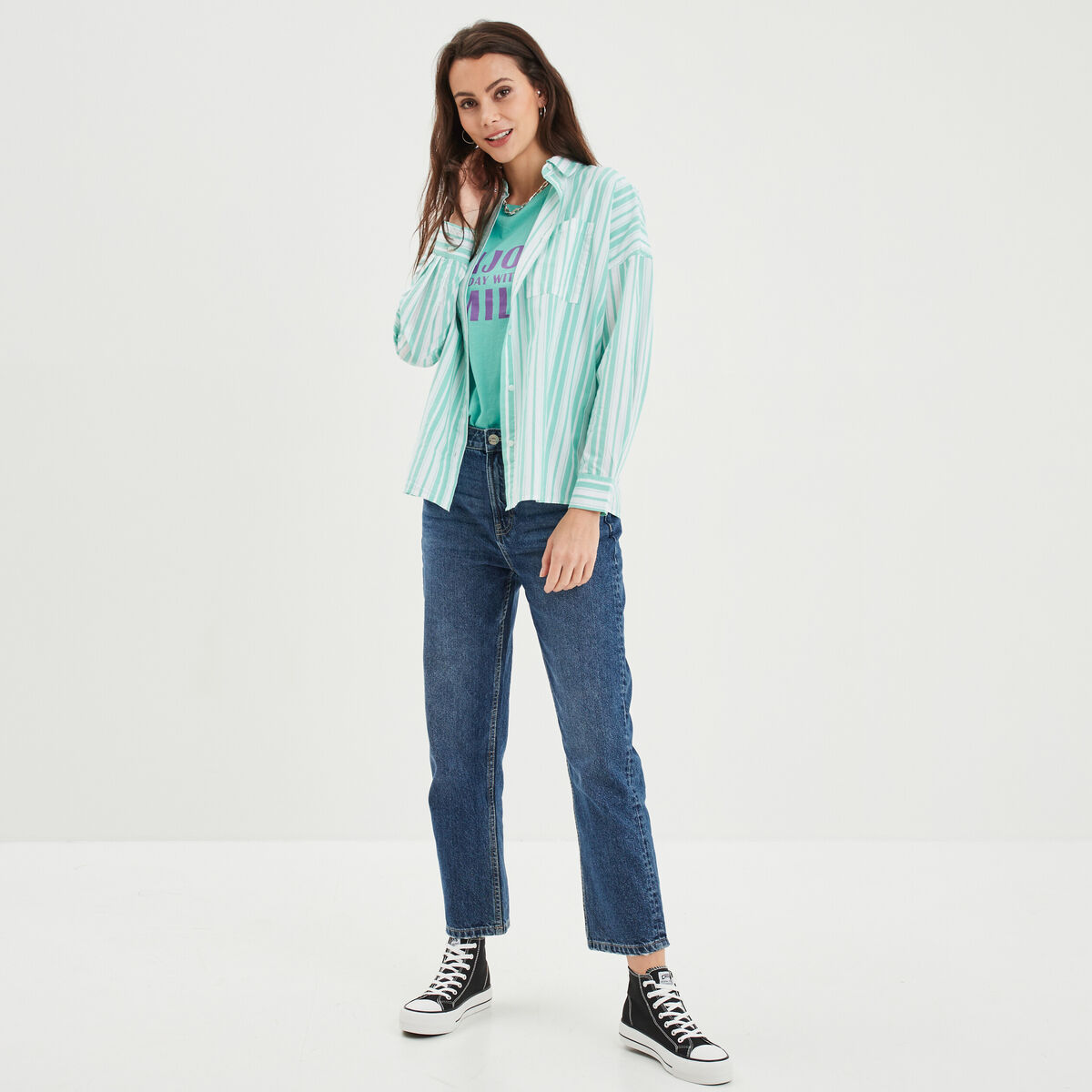 T-shirt col rond manches courtes coton vert menthe femme