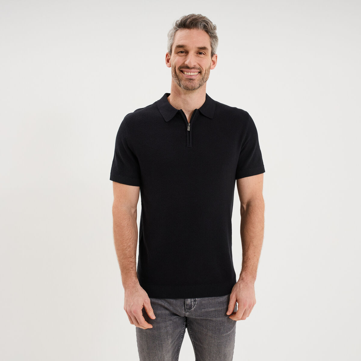 Polo col zipp&eacute; manches courtes coton noir homme