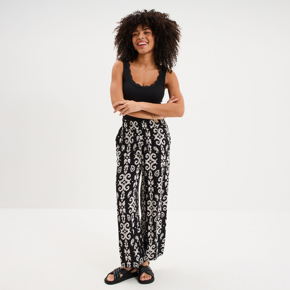 Pantalon fluide large taille &eacute;lastiqu&eacute;e noir femme
